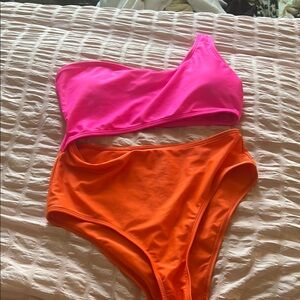 SHEIN Pink and Orange One Shoulder One Piece